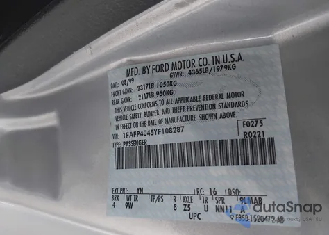 2000 Ford Mustang z USA, uszkodzony, nr VIN 1FAFP4045YF108287